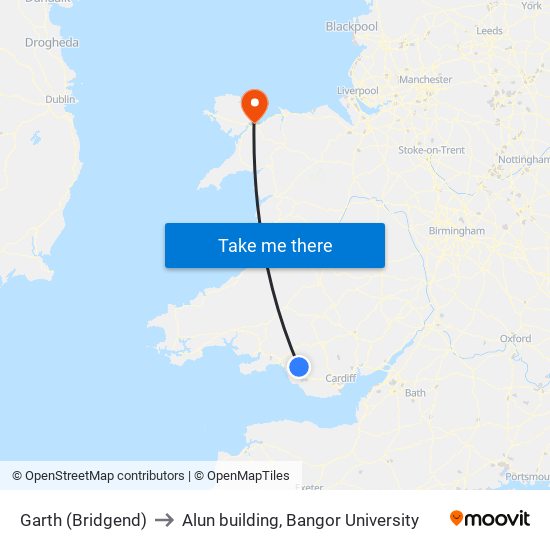 Garth (Bridgend) to Alun building, Bangor University map