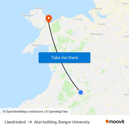 Llandrindod to Alun building, Bangor University map