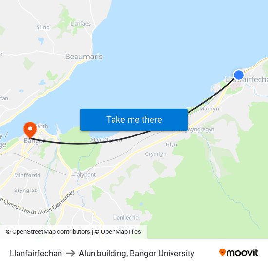 Llanfairfechan to Alun building, Bangor University map
