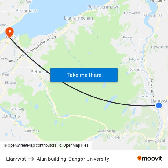 Llanrwst to Alun building, Bangor University map