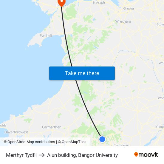 Merthyr Tydfil to Alun building, Bangor University map