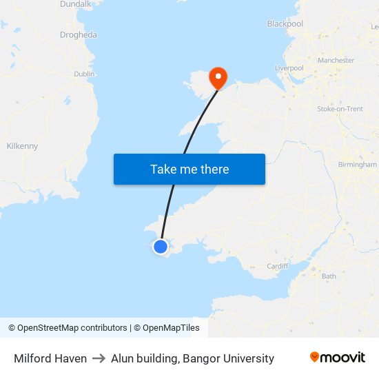 Milford Haven to Alun building, Bangor University map