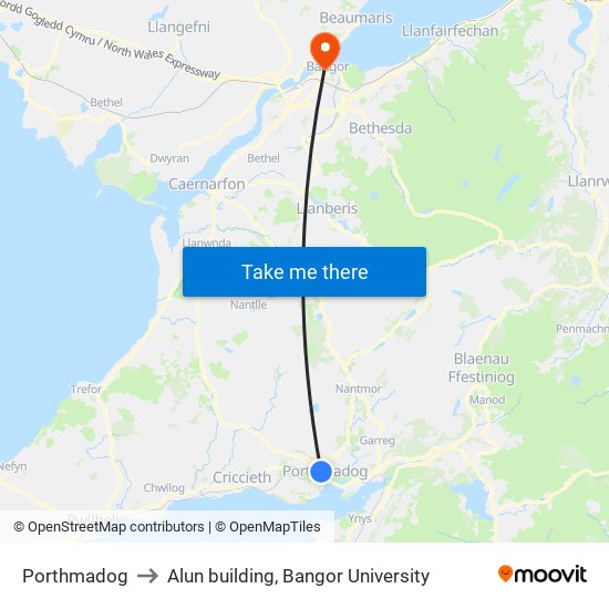 Porthmadog to Alun building, Bangor University map