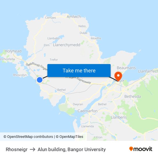 Rhosneigr to Alun building, Bangor University map