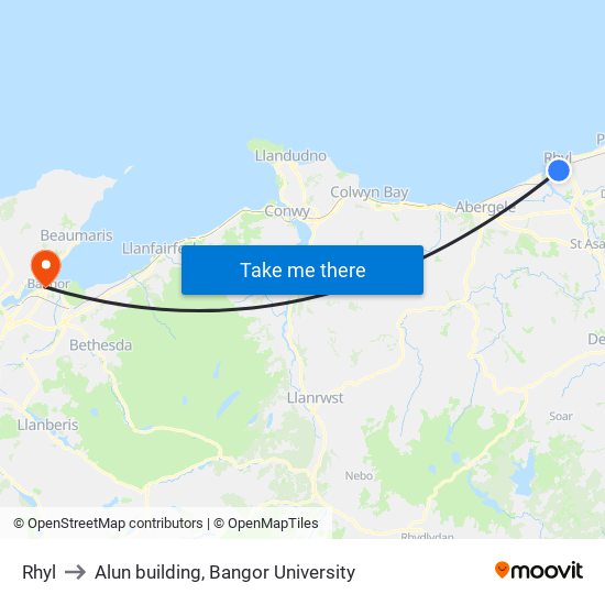 Rhyl to Alun building, Bangor University map