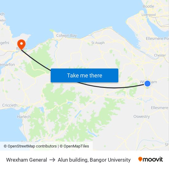 Wrexham General to Alun building, Bangor University map