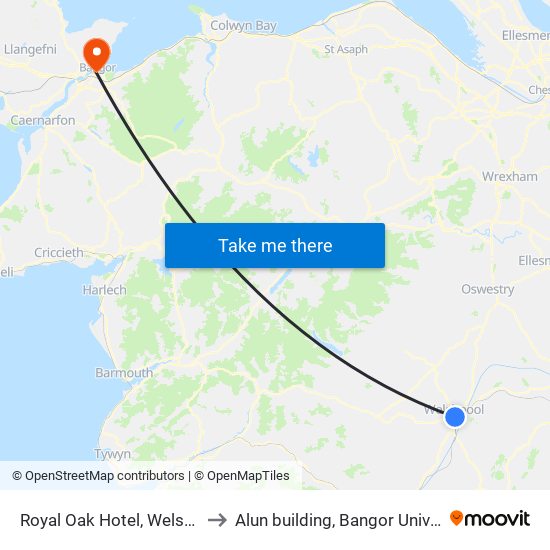 Royal Oak Hotel, Welshpool to Alun building, Bangor University map