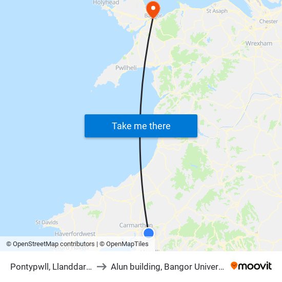 Pontypwll, Llanddarog to Alun building, Bangor University map