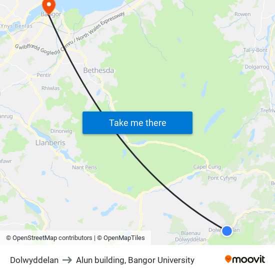 Dolwyddelan to Alun building, Bangor University map