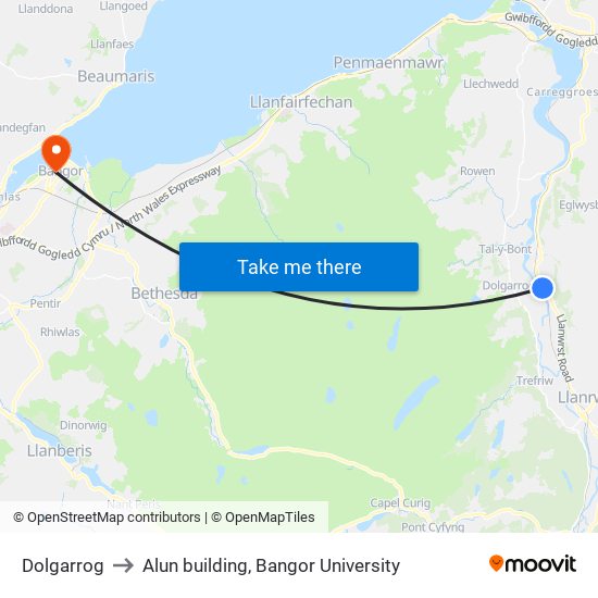 Dolgarrog to Alun building, Bangor University map