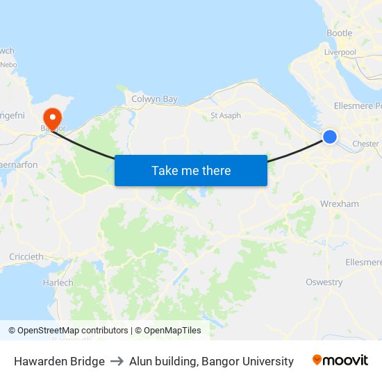 Hawarden Bridge to Alun building, Bangor University map