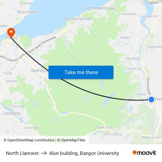 North Llanrwst to Alun building, Bangor University map