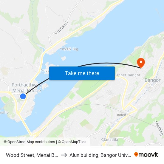Wood Street, Menai Bridge to Alun building, Bangor University map