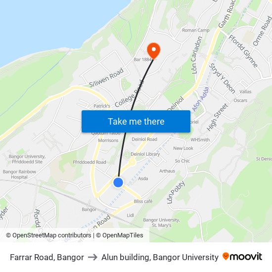 Farrar Road, Bangor to Alun building, Bangor University map