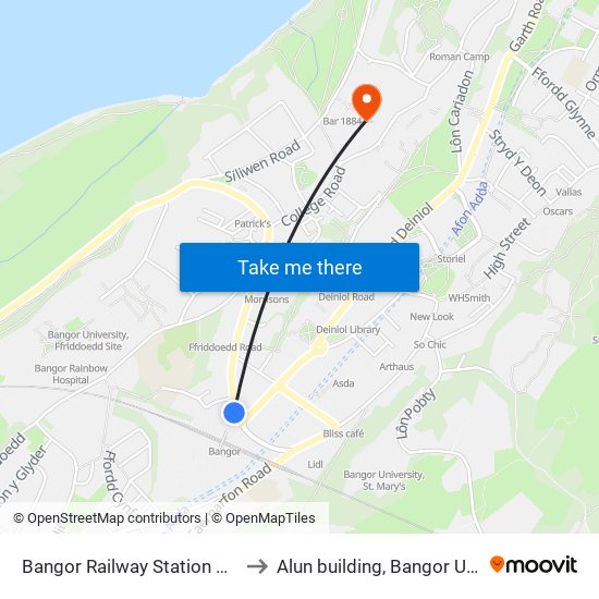 Bangor Railway Station H, Bangor to Alun building, Bangor University map