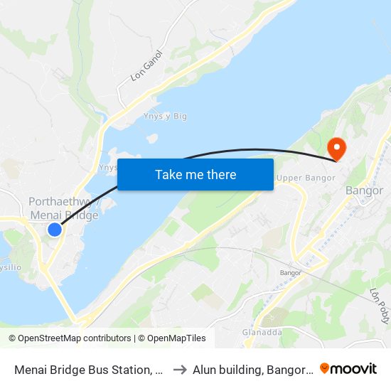 Menai Bridge Bus Station, Menai Bridge to Alun building, Bangor University map