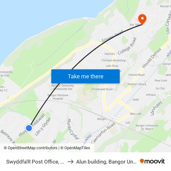 Swyddfa'R Post Office, Bangor to Alun building, Bangor University map