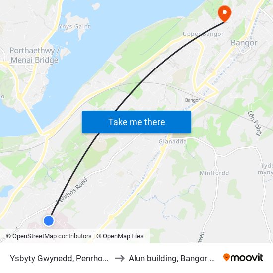 Ysbyty Gwynedd, Bangor to Alun building, Bangor University map