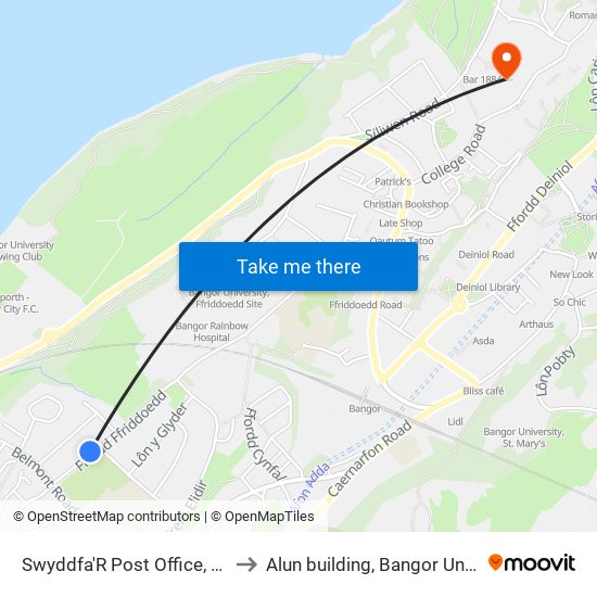 Swyddfa'R Post Office, Bangor to Alun building, Bangor University map