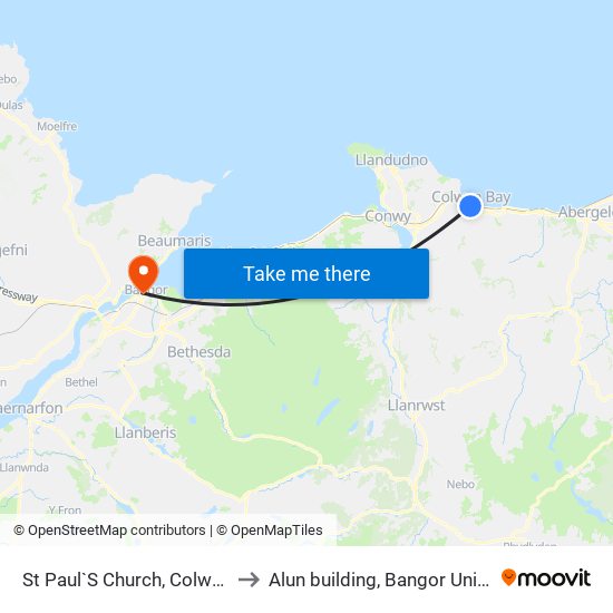 St Paul`S Church, Colwyn Bay to Alun building, Bangor University map