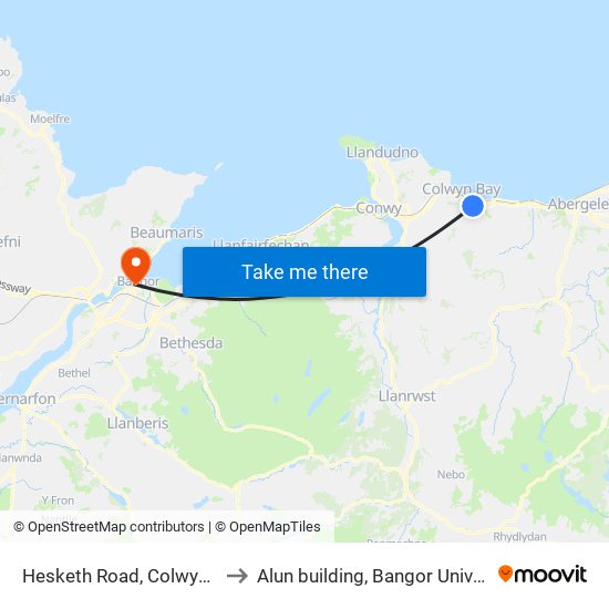 Hesketh Road, Colwyn Bay to Alun building, Bangor University map