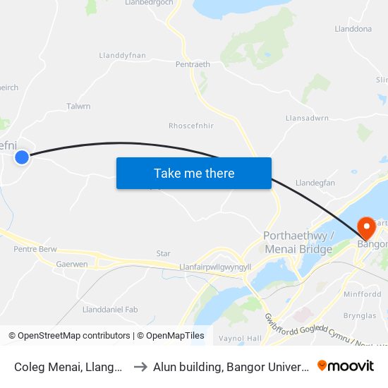 Coleg Menai, Llangefni to Alun building, Bangor University map