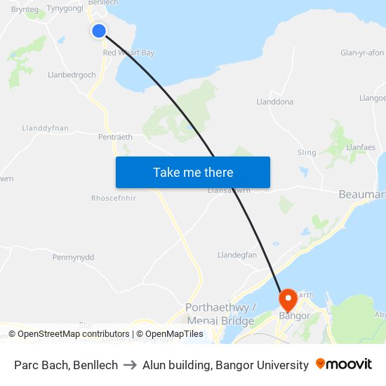 Parc Bach, Benllech to Alun building, Bangor University map