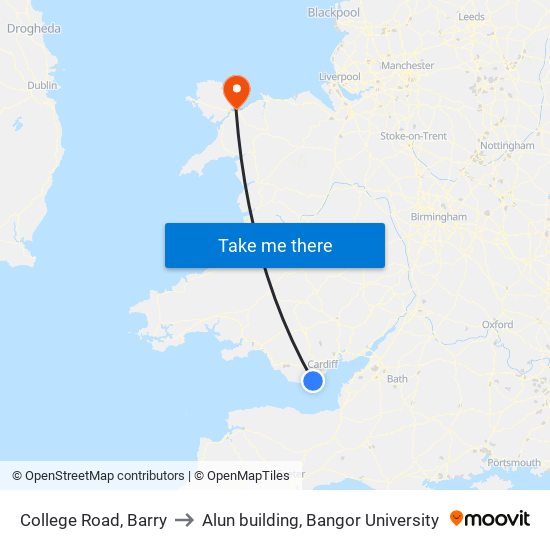 College Road, Barry to Alun building, Bangor University map