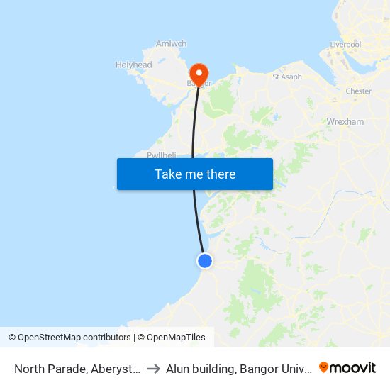 North Parade, Aberystwyth to Alun building, Bangor University map