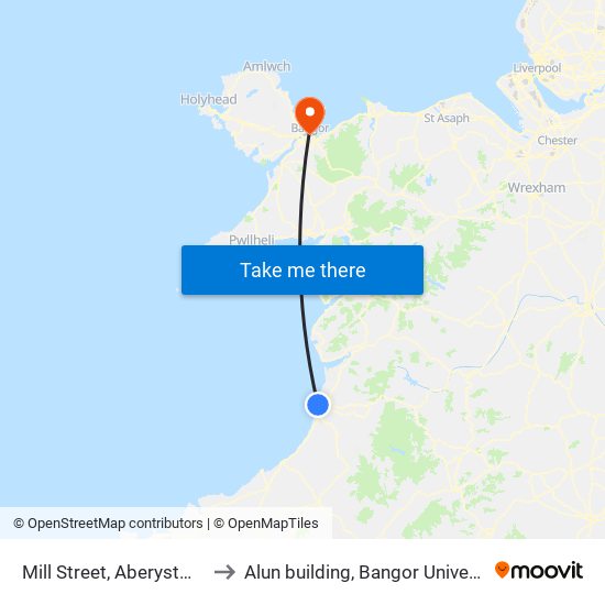 Mill Street, Aberystwyth to Alun building, Bangor University map