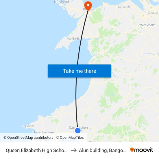 Queen Elizabeth High School, Johnstown to Alun building, Bangor University map