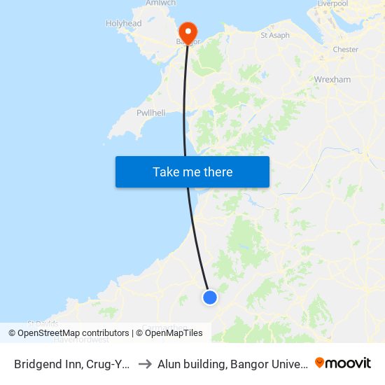 Bridgend Inn, Crug-Y-Bar to Alun building, Bangor University map