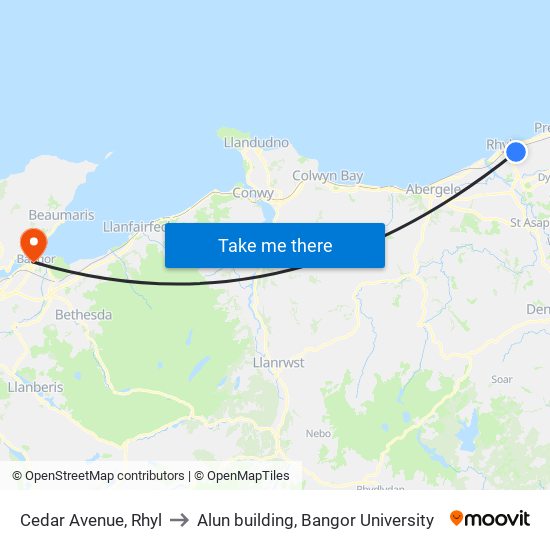 Cedar Avenue, Rhyl to Alun building, Bangor University map