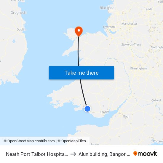 Neath Port Talbot Hospital, Aberavon to Alun building, Bangor University map