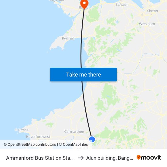 Ammanford Bus Station Stand 1, Ammanford to Alun building, Bangor University map