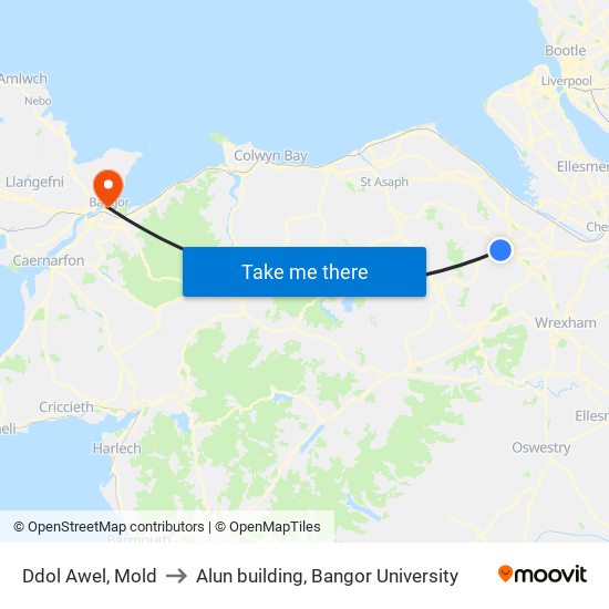 Ddol Awel, Mold to Alun building, Bangor University map
