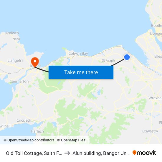 Old Toll Cottage, Saith Ffynnon to Alun building, Bangor University map