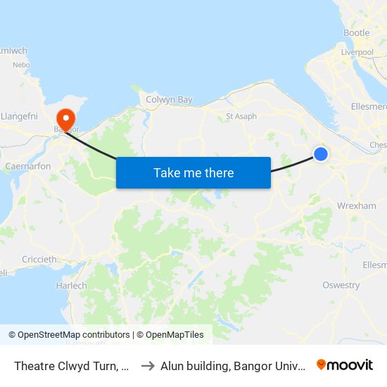 Theatre Clwyd Turn, Mold to Alun building, Bangor University map
