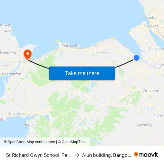 St Richard Gwyn School, Pentre-Ffwrndan to Alun building, Bangor University map