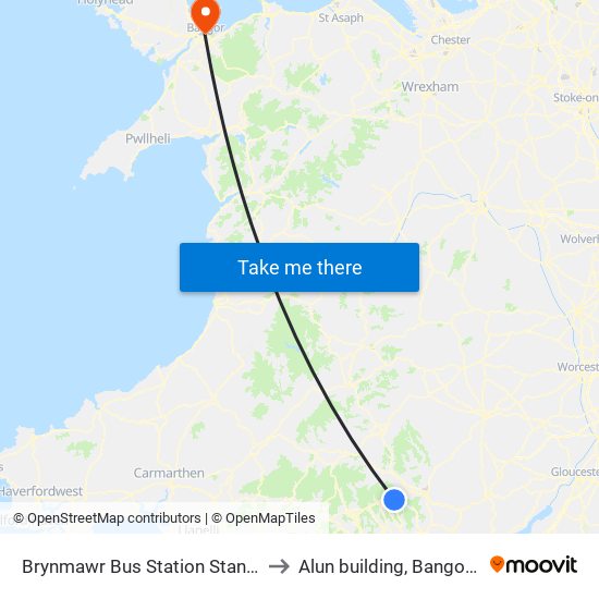 Brynmawr Bus Station Stand1, Brynmawr to Alun building, Bangor University map