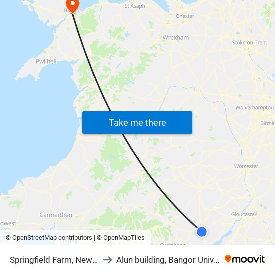 Springfield Farm, Newmills to Alun building, Bangor University map