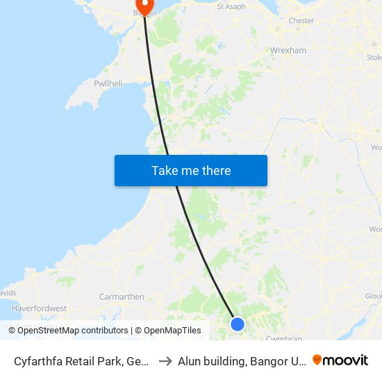 Cyfarthfa Retail Park, Georgetown to Alun building, Bangor University map