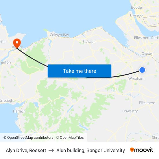Alyn Drive, Rossett to Alun building, Bangor University map