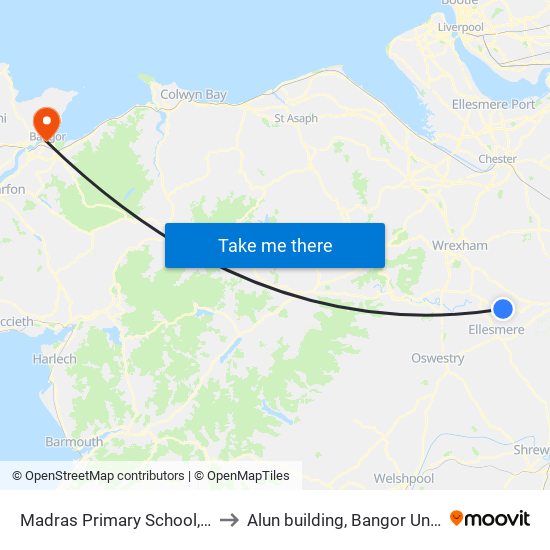 Madras Primary School, Penley to Alun building, Bangor University map