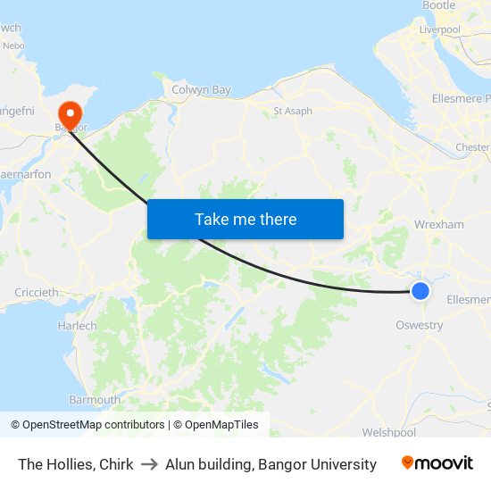 The Hollies, Chirk to Alun building, Bangor University map