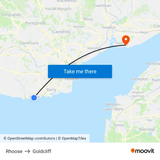 Rhoose to Goldcliff map
