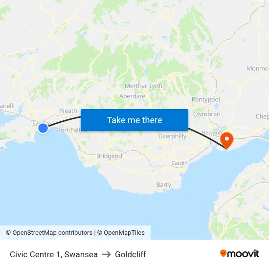 Civic Centre 1, Swansea to Goldcliff map
