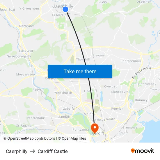 Caerphilly to Cardiff Castle map