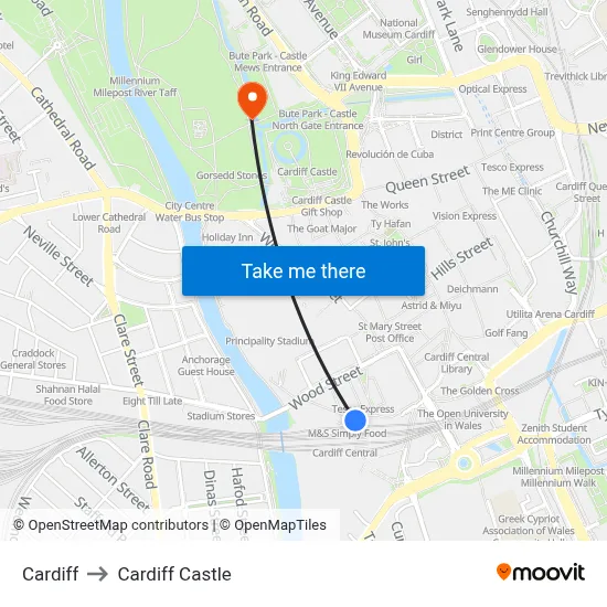 Cardiff to Cardiff Castle map