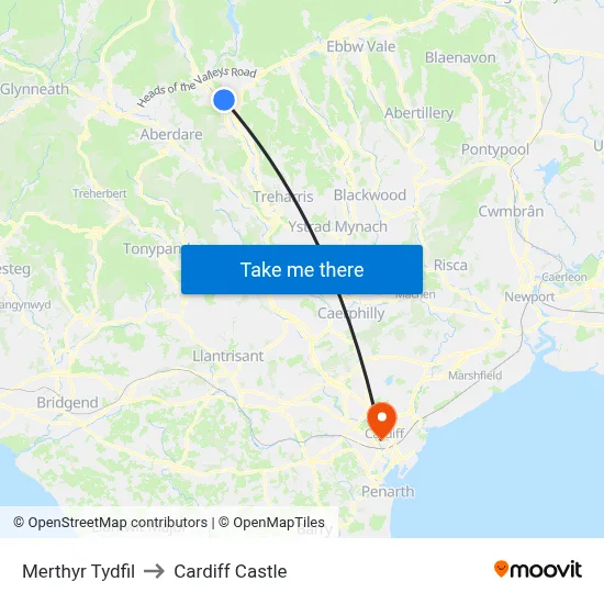 Merthyr Tydfil to Cardiff Castle map